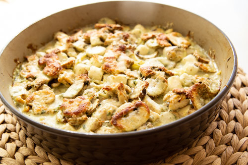 Pampered Chef runde Stoneware Spargelauflauf mit Nudeln und Champignons