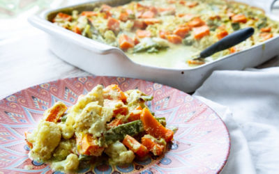 Süßkartoffel-Blumenkohl-Auflauf mit Zuckerschoten im Bäker