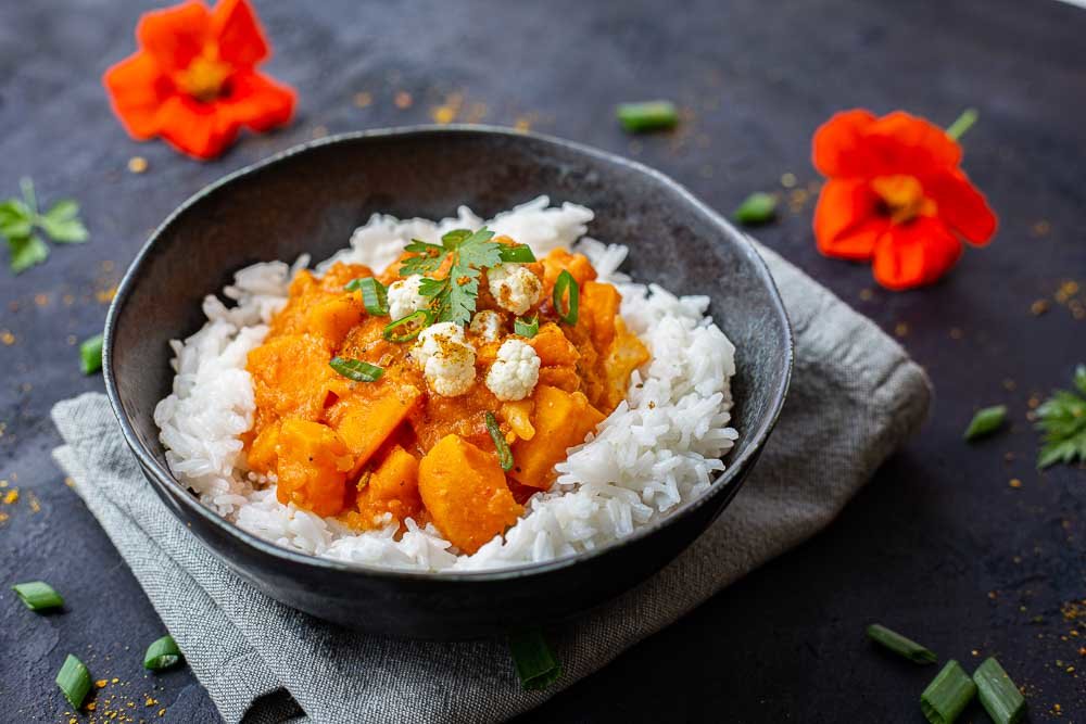 Thermomix veganes Süßkartoffel-Curry mit Reis