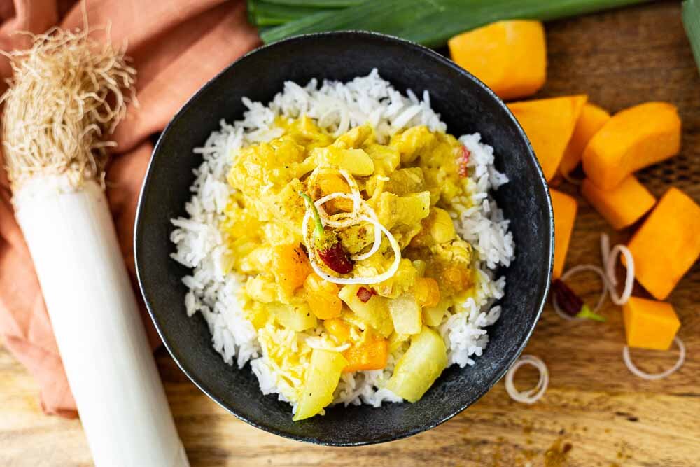 Kürbis-Kohlrabi-Curry mit Pute im Thermomix von oben