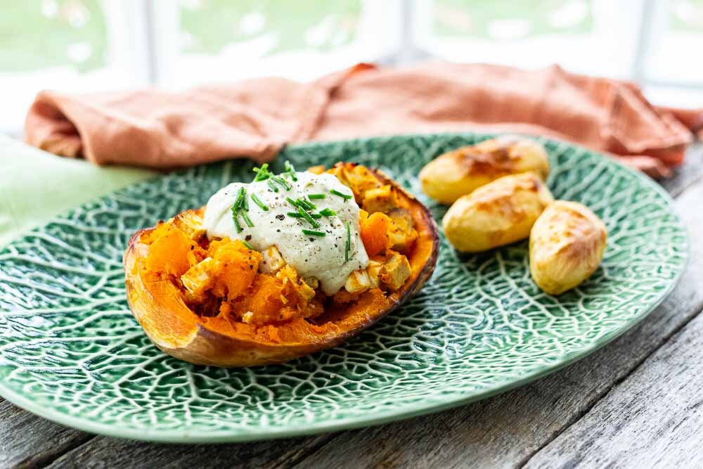 Kürbis mit Tofu und Feta