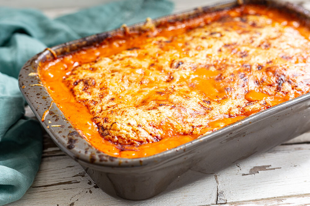 Zucchini-Kartoffel-Auflauf fertig gebacken in Ofenhexe