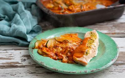 Zucchini-Kartoffel-Auflauf in cremiger Tomatensauce mit Thermomix und Ofenhexe